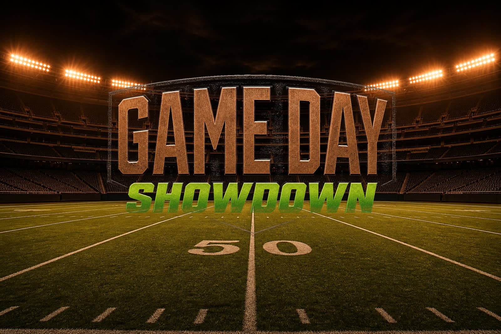 Game Day Showdown badge on a night stadium field